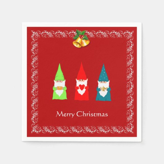 Drie kerstgnomen op rood servet (Voorkant)