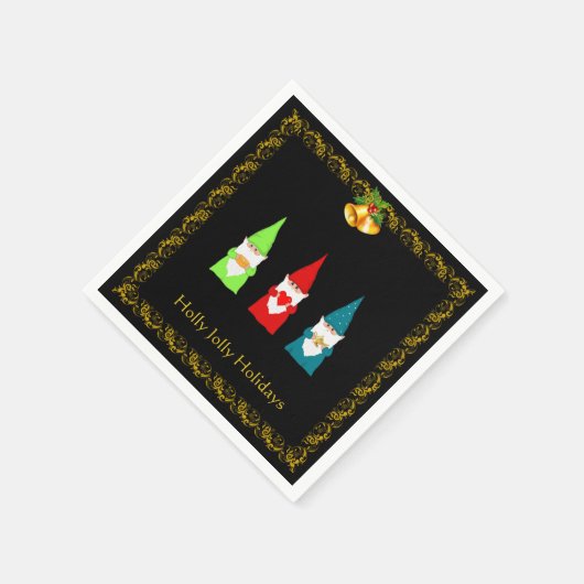 Drie kerstgnomen op zwart servet (Hoek)