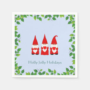 Drie Kerstkabouters & Blad Frame op Lichtblauw Servet
