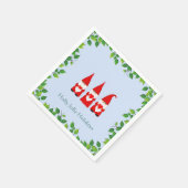 Drie Kerstkabouters & Blad Frame op Lichtblauw Servet (Hoek)
