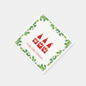 Drie Kerstkabouters & bladframe op wit Servet (Hoek)