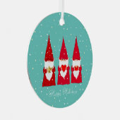 Drie Kerstkabouters op Turquoise Metalen Ornament (Voorkant Rechts)