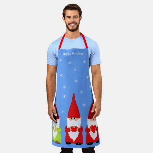 Drie kerstknomes en sneeuwvlokken schort (Gedragen)