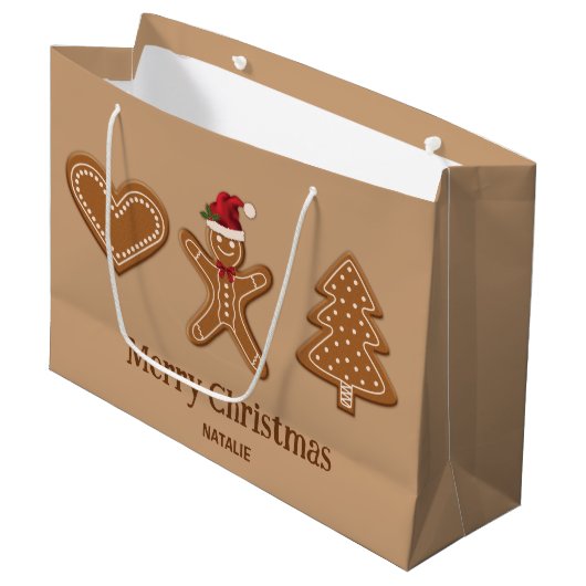 Drie kerstkoekvormen van gemberkoek & tekst groot cadeauzakje (Voorkant Gekanteld)