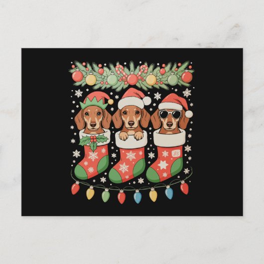 Drie Kerstman Elf Dachshunds Kerst Soks Grappig Feestdagenkaart (Voorkant)