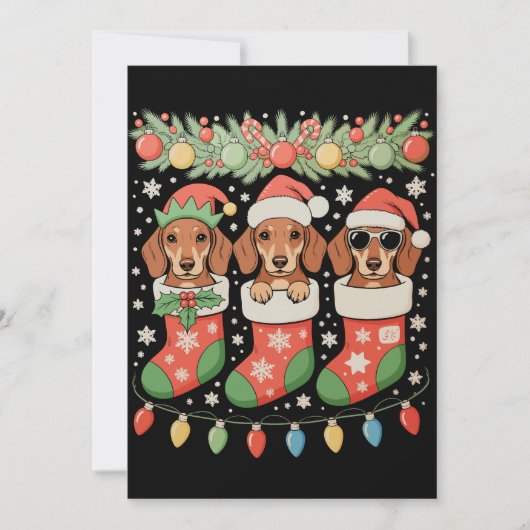 Drie Kerstman Elf Dachshunds Kerst Soks Grappig Feestdagenkaart (Voorkant)
