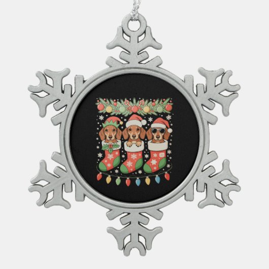 Drie Kerstman Elf Dachshunds Kerst Soks Grappig Tin Sneeuwvlok Ornament (Voorkant)