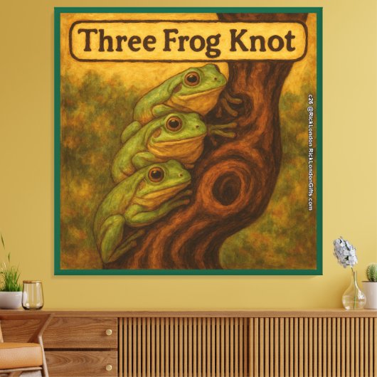 Drie Kikkers Knoop – Whimsicale Amfibische Woordsp Canvas Afdruk (Insitu (Woonkamer))