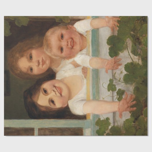 Drie kinderen aan het raam cadeaupapier (Vlak)