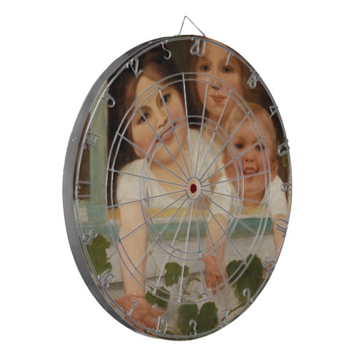 Drie kinderen aan het raam dartbord (Voorkant Links)