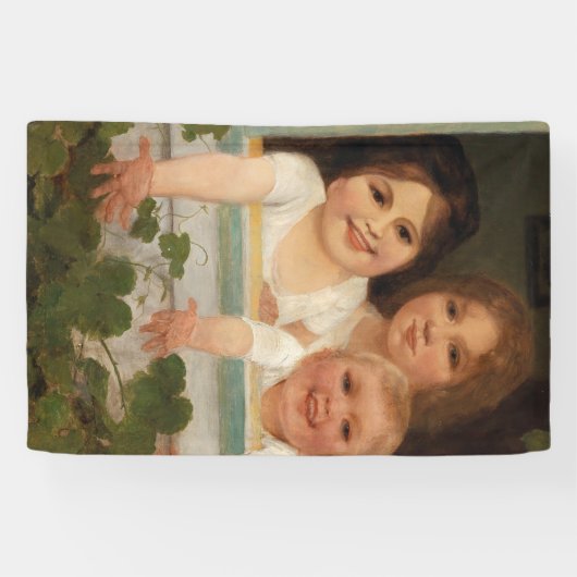 Drie kinderen aan het raam spandoek (Horizontaal)