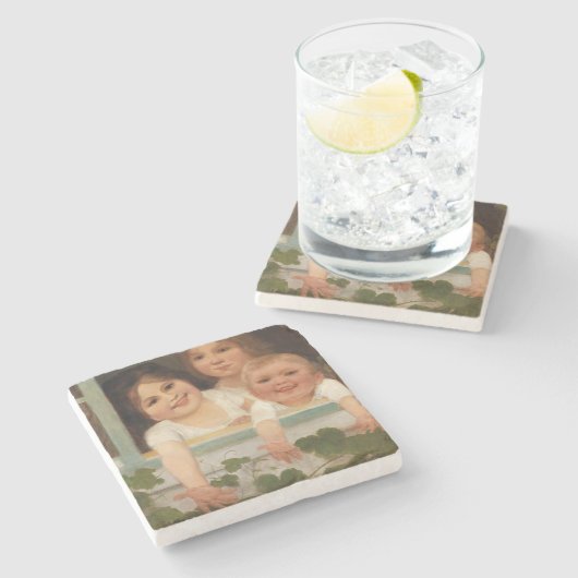 Drie kinderen aan het raam stenen onderzetter (Zijkant)