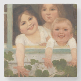 Drie kinderen aan het raam stenen onderzetter