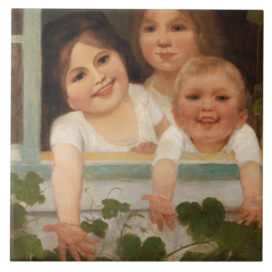 Drie kinderen aan het raam tegeltje (Voorkant)