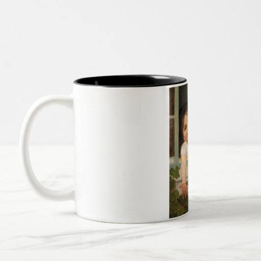 Drie kinderen aan het raam tweekleurige koffiemok (Links)