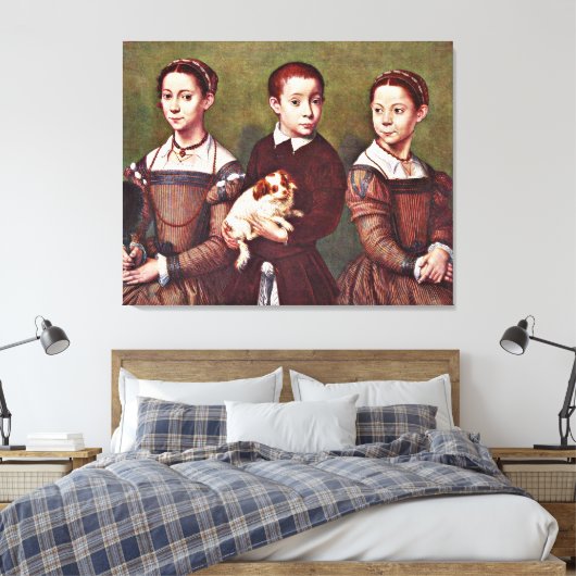 Drie Kinderen met Dog, mooi kunstschilderij Canvas Afdruk (Insitu (Slaapkamer))