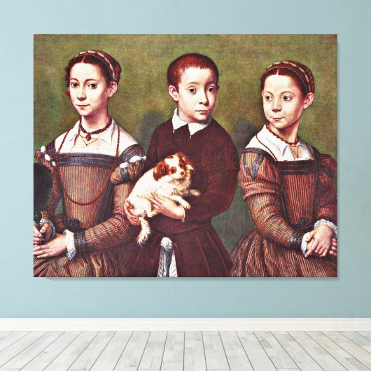 Drie Kinderen met Dog, mooi kunstschilderij Canvas Afdruk (Insitu (Houten vloer))