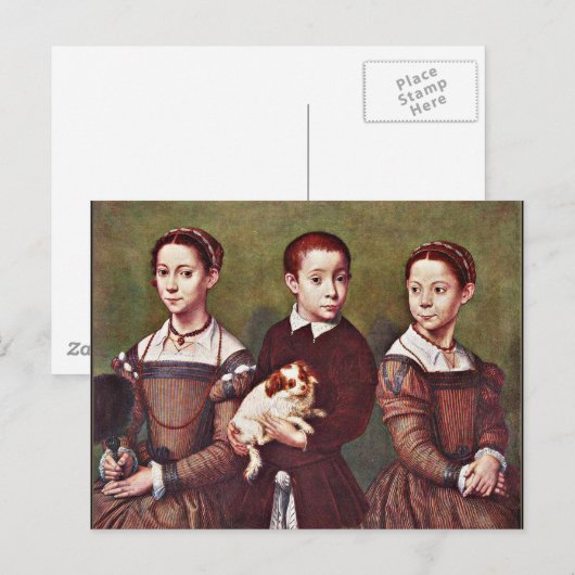 Drie kinderen met hond, schilderij van fijne kunst briefkaart (Voorkant / Achterkant)