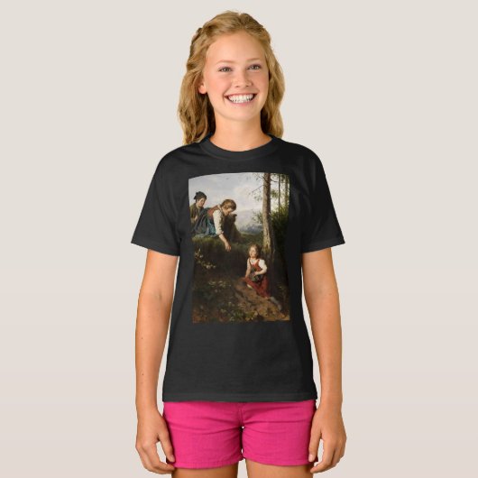 Drie kinderen plukken bessen in het bos t-shirt (Voorkant volledig)