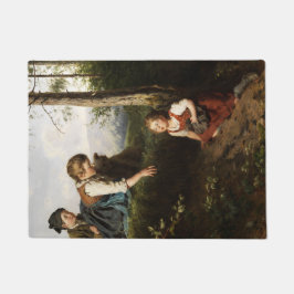 Drie kinderen plukken wilde bessen in een bos deurmat