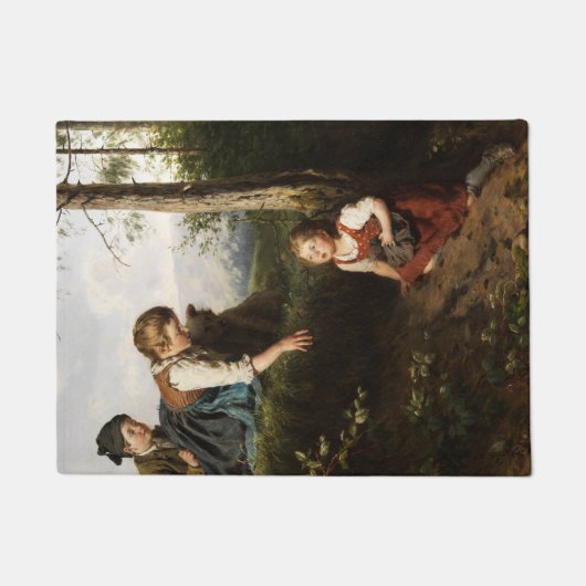 Drie kinderen plukken wilde bessen in een bos deurmat (Voorkant)