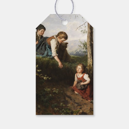 Drie kinderen plukken wilde bessen in het bos cadeaulabel (Voorkant)