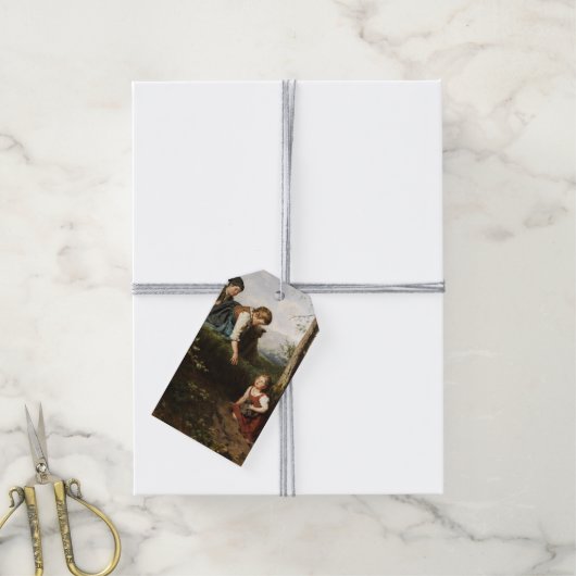 Drie kinderen plukken wilde bessen in het bos cadeaulabel (Met Touw)