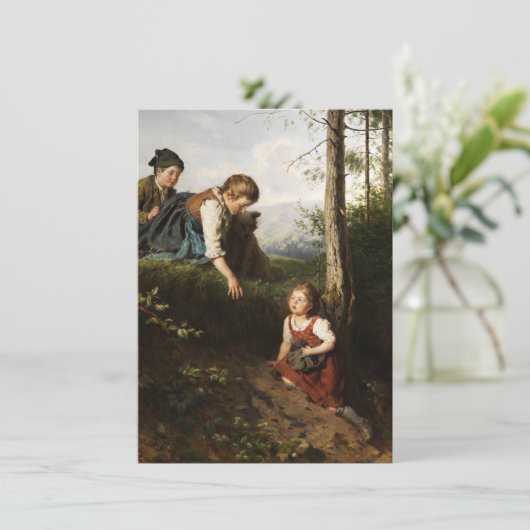 Drie kinderen plukken wilde bessen in het bos kaart (Staand voorkant)