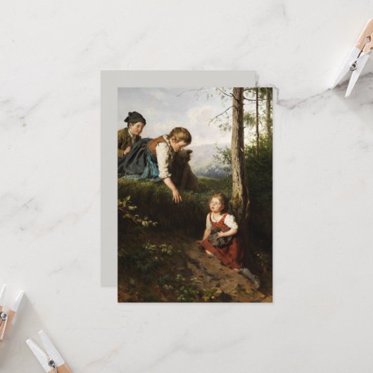 Drie kinderen plukken wilde bessen in het bos kaart (Voorkant / Achterkant in situ)