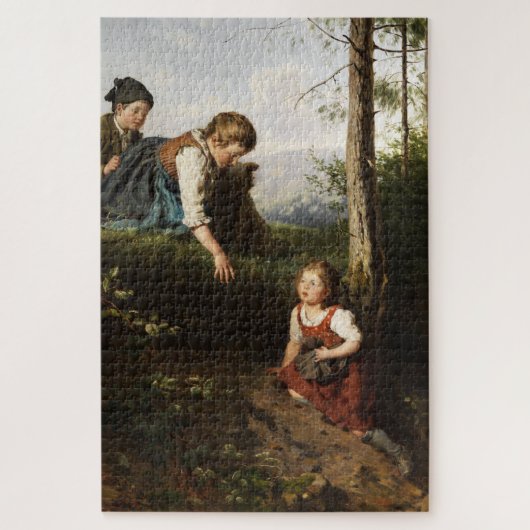 Drie kinderen plukken wilde bessen in het bos legpuzzel (Verticaal)