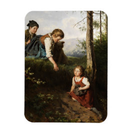 Drie kinderen plukken wilde bessen in het bos magneet