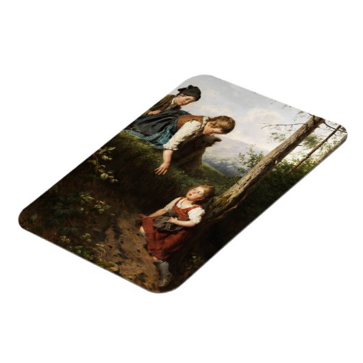 Drie kinderen plukken wilde bessen in het bos magneet (Linkerzijde)