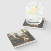 Drie kinderen plukken wilde bessen in het bos stenen onderzetter (Zijkant)