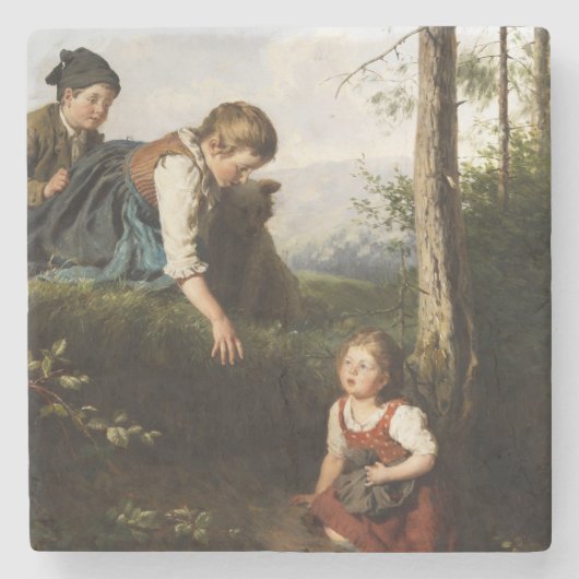 Drie kinderen plukken wilde bessen in het bos stenen onderzetter (Voorkant)