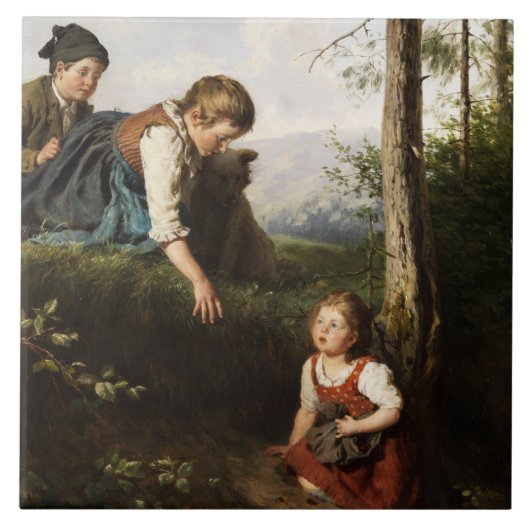 Drie kinderen plukken wilde bessen in het bos tegeltje (Voorkant)