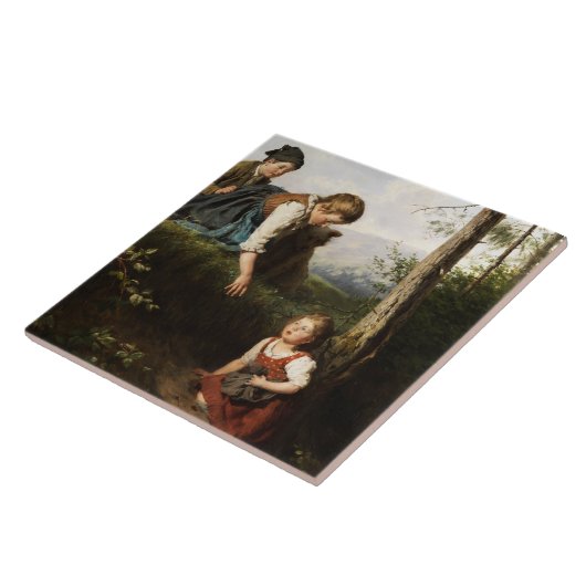 Drie kinderen plukken wilde bessen in het bos tegeltje (Zijkant)