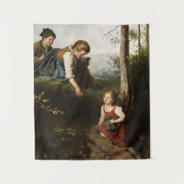 Drie kinderen plukken wilde bessen in het bos wandkleed