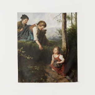 Drie kinderen plukken wilde bessen in het bos wandkleed