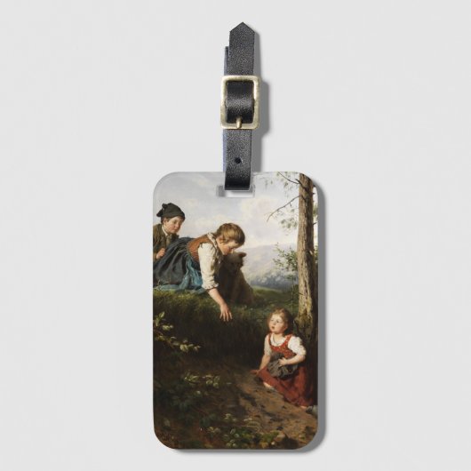 Drie kinderen wilde bessen in een bos bagagelabel (Voorkant (verticaal))