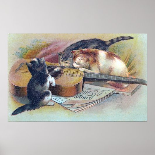 Drie Kittens en een Guitar Illustratie Poster (Voorkant)