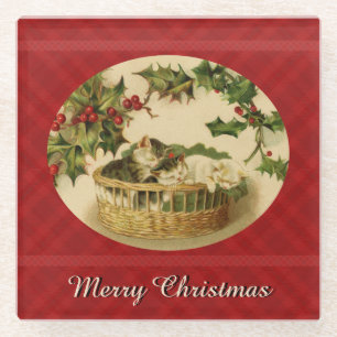 Drie Kittens in een Onderzetter met een mandje Glazen Onderzetter