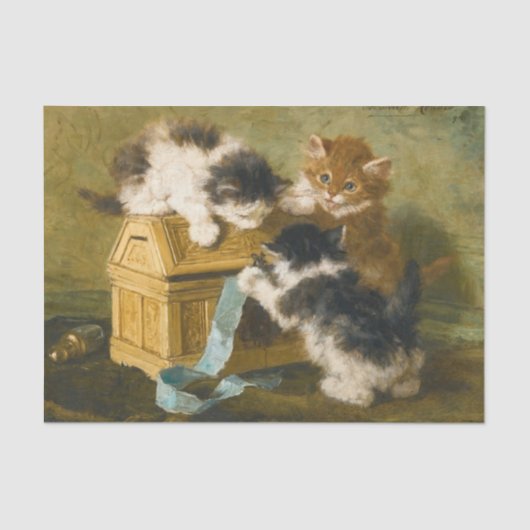 Drie Kittens met een kast & blauw lint, Ronner Tissuepapier (Voorkant)