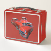 Drie klassieke dwangwagens met rode metalen doos (Voorkant)