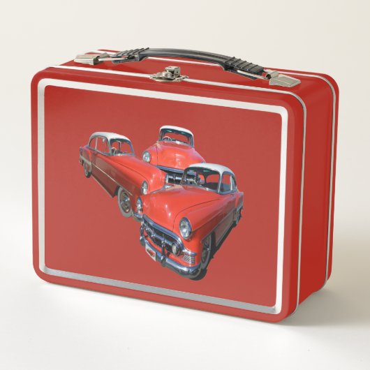 Drie klassieke dwangwagens met rode metalen doos (Voorkant)