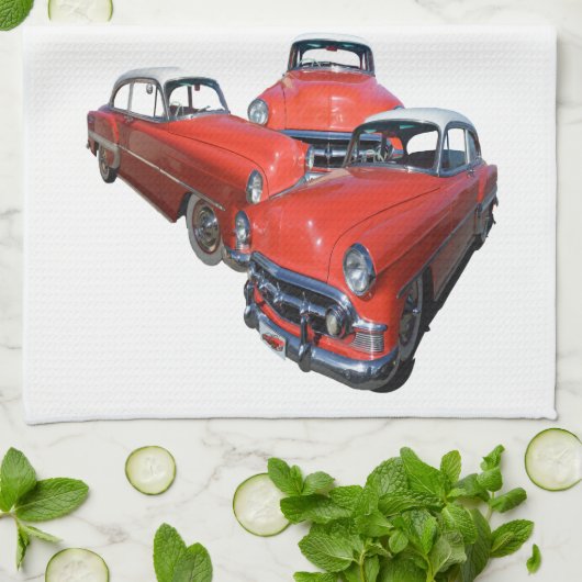 Drie Klassieke rode auto's, dikke handdoek (Gevouwen)