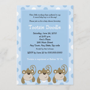 Drie kleine apen 5x7 blauw Baby shower Kaart