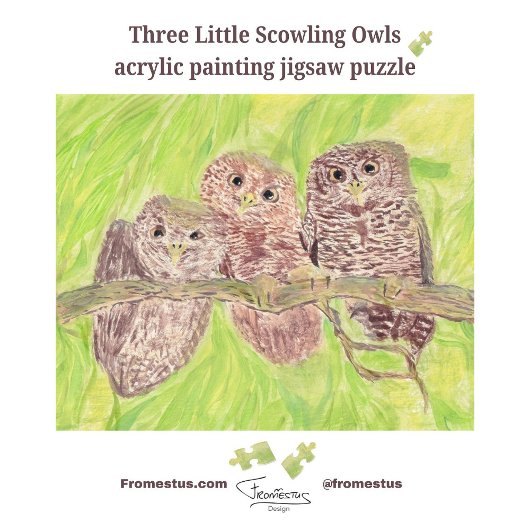 Drie kleine boze uilen - acrylschilderij. legpuzzel