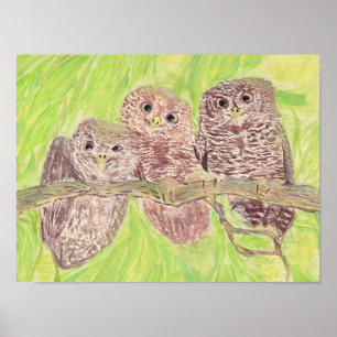 Drie kleine boze uiltjes - acrylschilderij.    poster