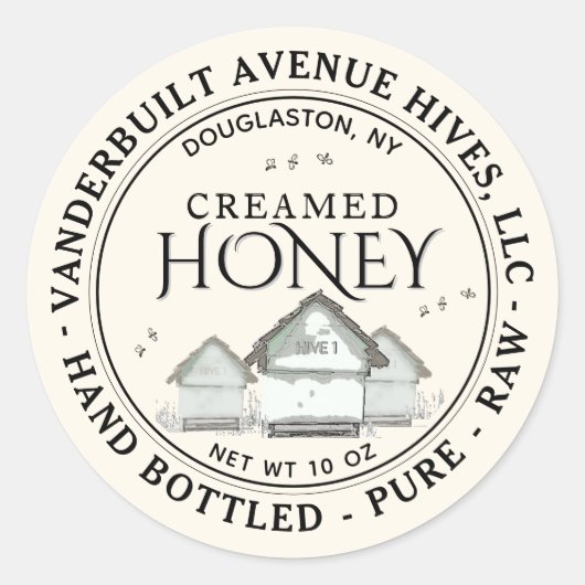 Drie kleine Hives CREAMED Honey Hand Bottled Raw Ronde Sticker (Voorkant)