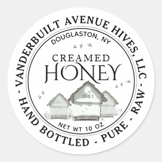 Drie kleine Hives CREAMED Honey Hand Bottled Raw Ronde Sticker (Voorkant)